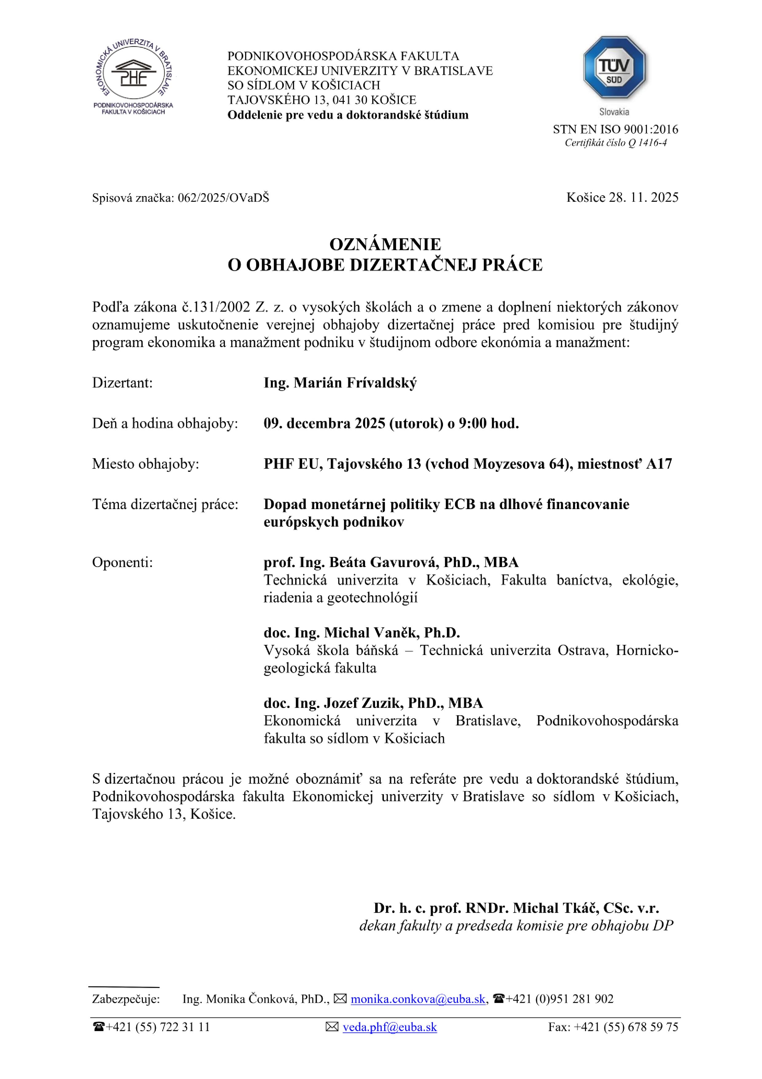 oznam 2025 frívaldský