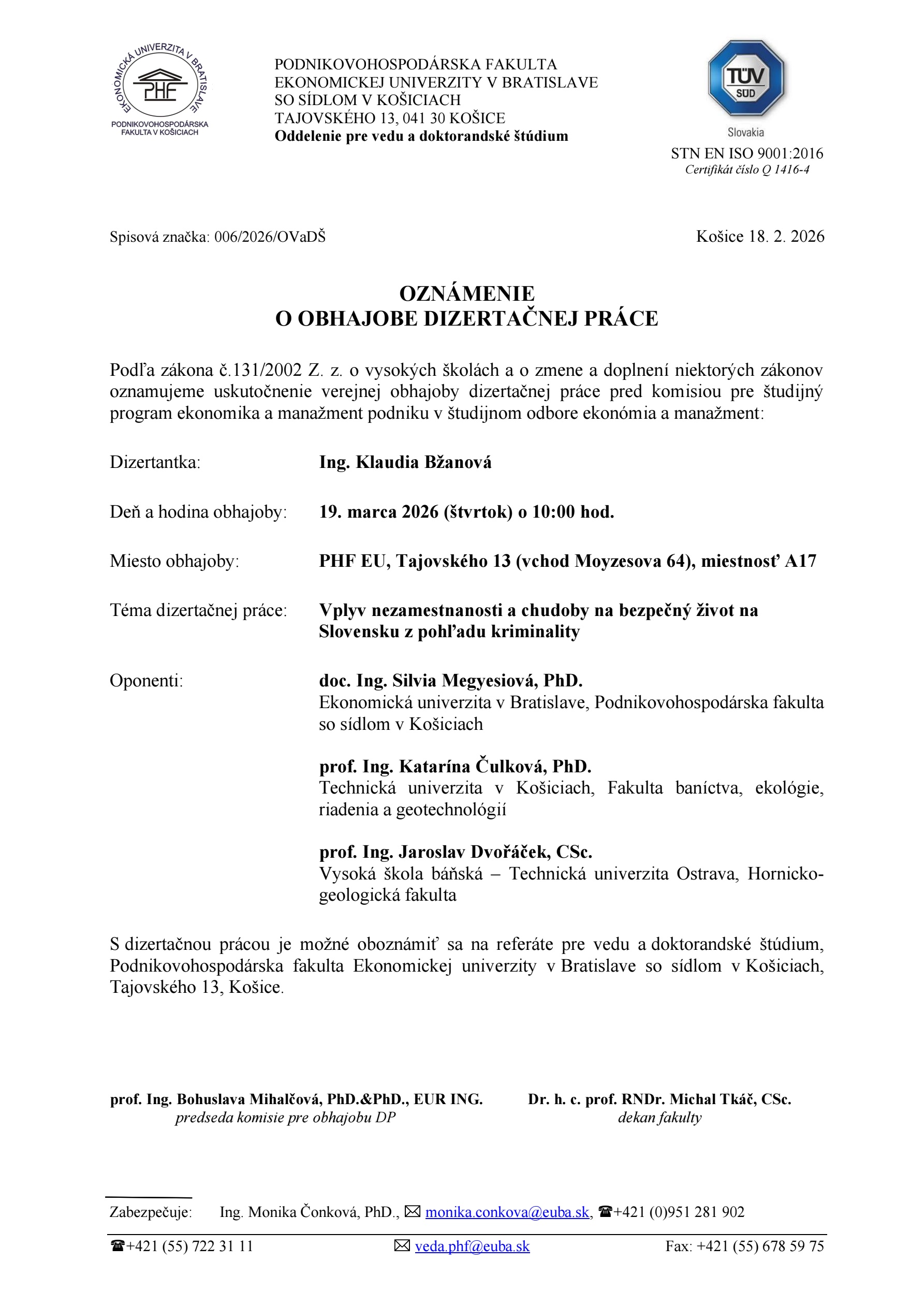 oznam 2026 bžanová