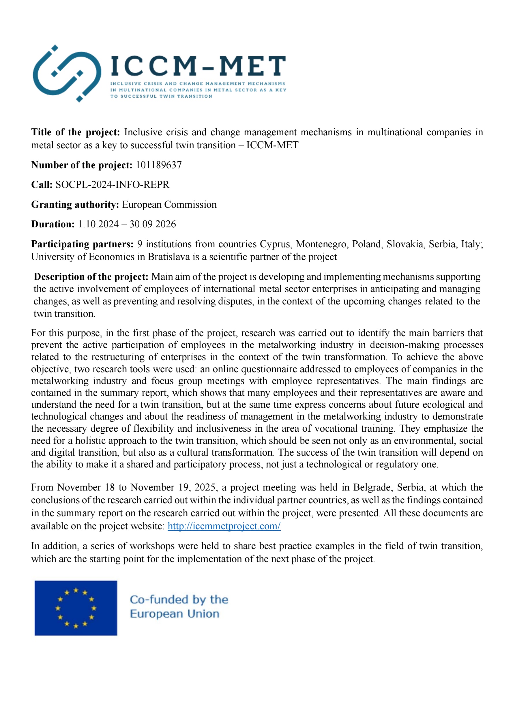 popis projektu iccm met en